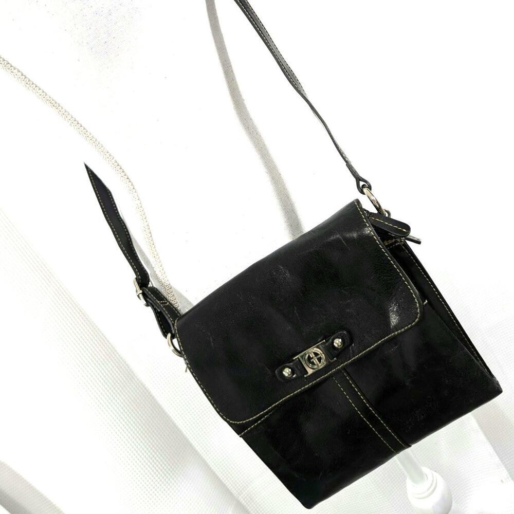 GIANNI BINI! BLACK GENUINE LEATHER CONTRAST STITCHED CROSSBODY PURSE, BAG!